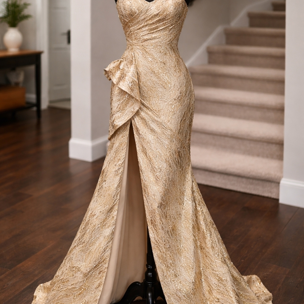 Donna Karan Gold Sequin Strapless Evening Gown with Side Ruffle and High Slit